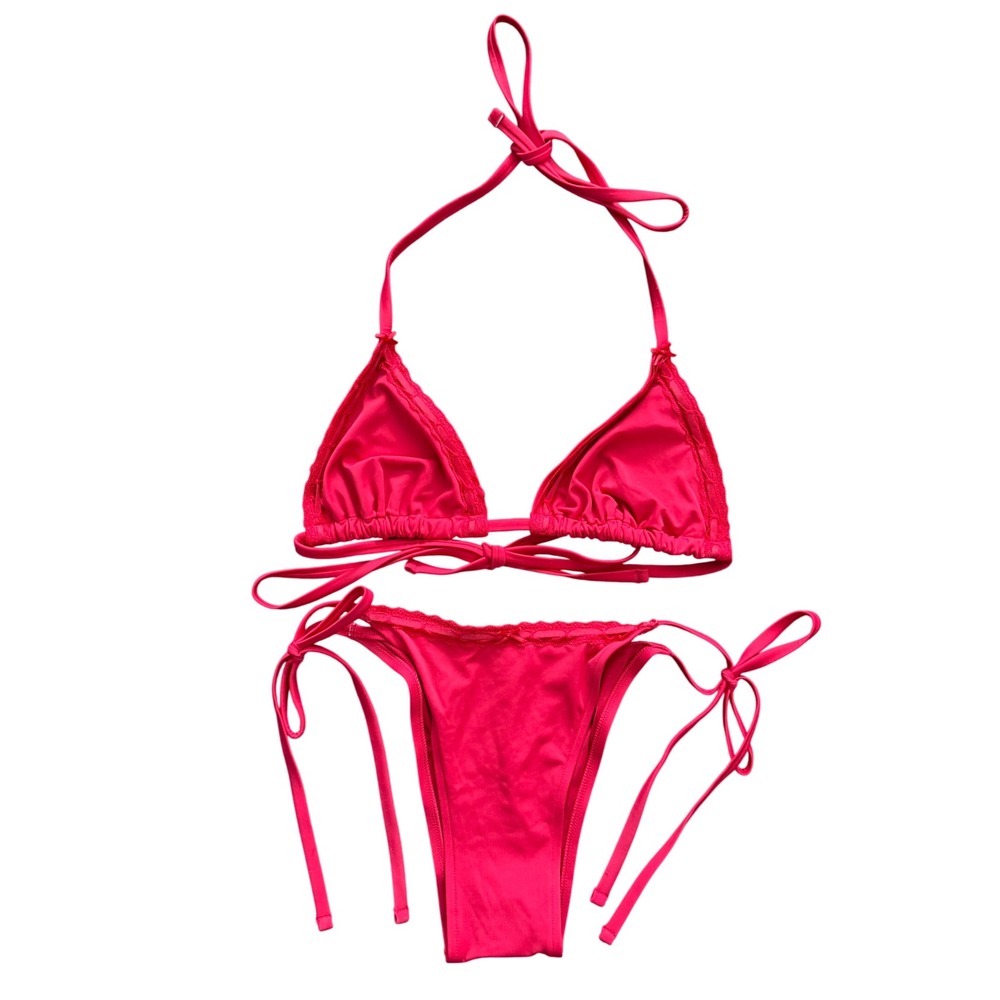 Pink by Frankies Bikinis Red Lace Trim Triangle Bikini Set XL Beach Resortwear